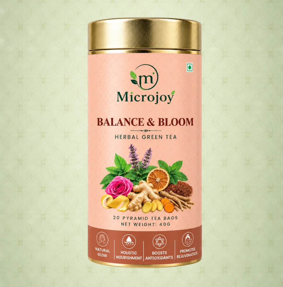 Microjoy Balance & Bloom Herbal Green Tea – Premium Wellness Tea with Ginger, Rose & Natural Herbs | 20 Pyramid Tea Bags | 40g