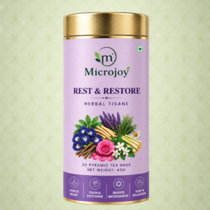 Microjoy Rest & Restore Herbal Tisane | Calming Herbal Tea for Relaxation & Evening Wellness | 20 Pyramid Tea Bags | 40g