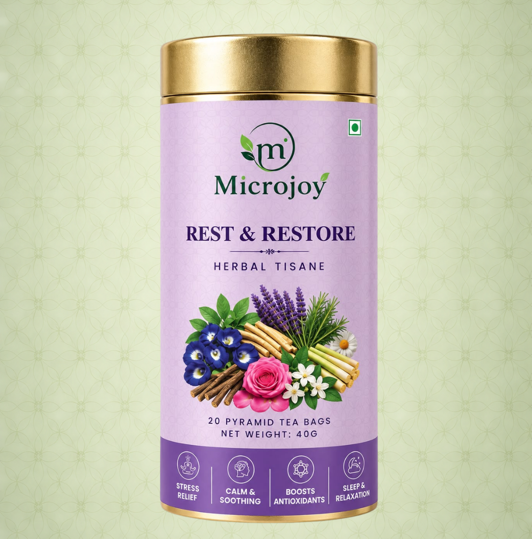Microjoy Rest & Restore Herbal Tisane | Calming Herbal Tea for Relaxation & Evening Wellness | 20 Pyramid Tea Bags | 40g