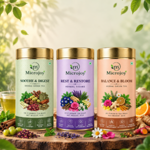 Microjoy Herbal Tea Combo – Soothe & Digest, Rest & Restore & Balance & Bloom | Premium Herbal Wellness Tea