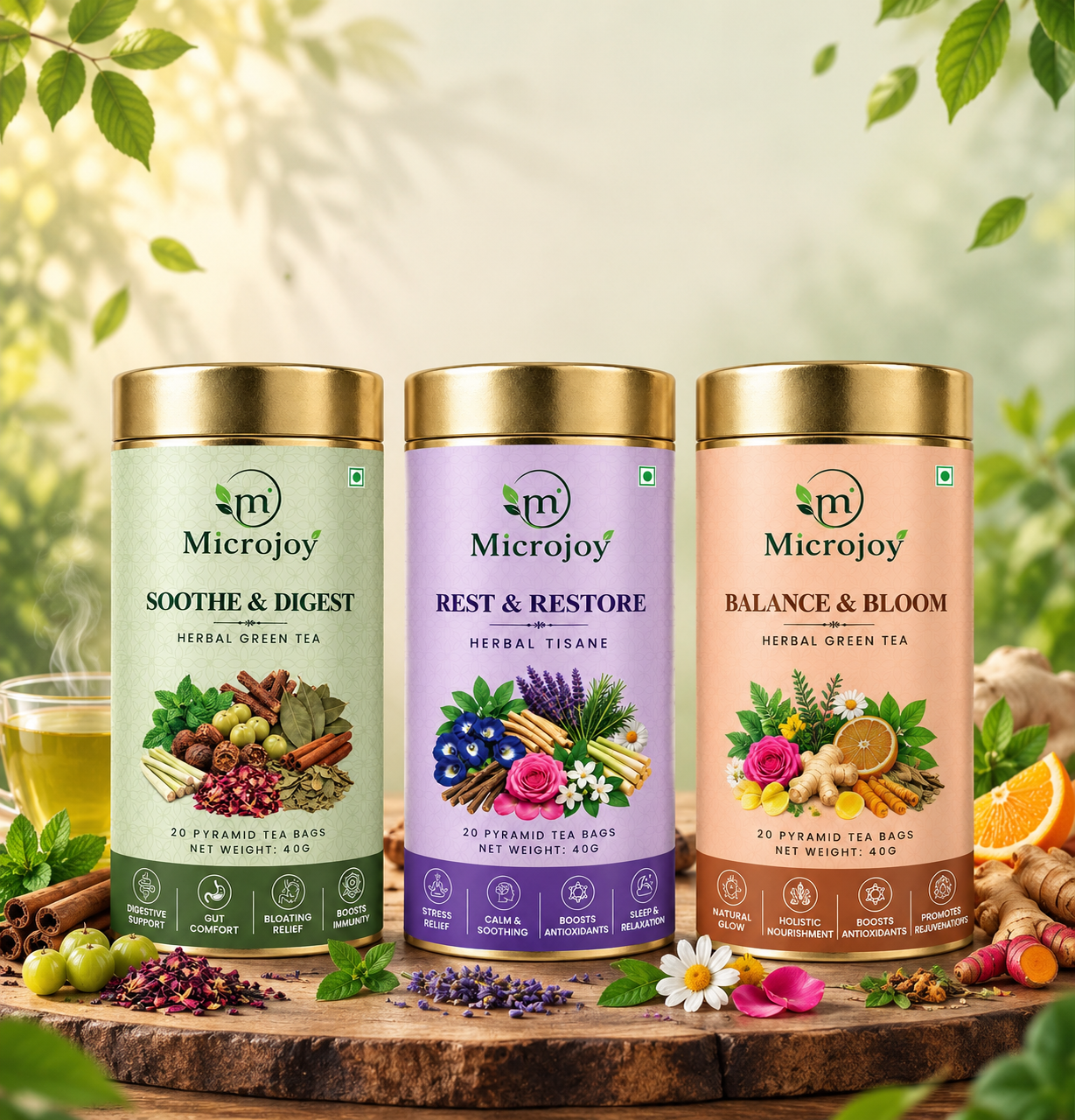 Microjoy Herbal Tea Combo – Soothe & Digest, Rest & Restore & Balance & Bloom | Premium Herbal Wellness Tea
