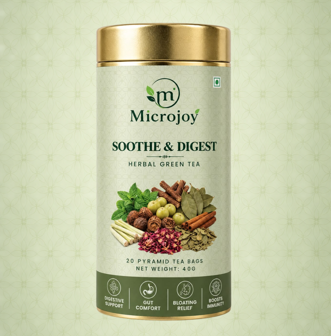 Microjoy Soothe & Digest Herbal Green Tea – Digestive Wellness Tea with Mint, Amla & Cinnamon | 20 Pyramid Tea Bags | 40g