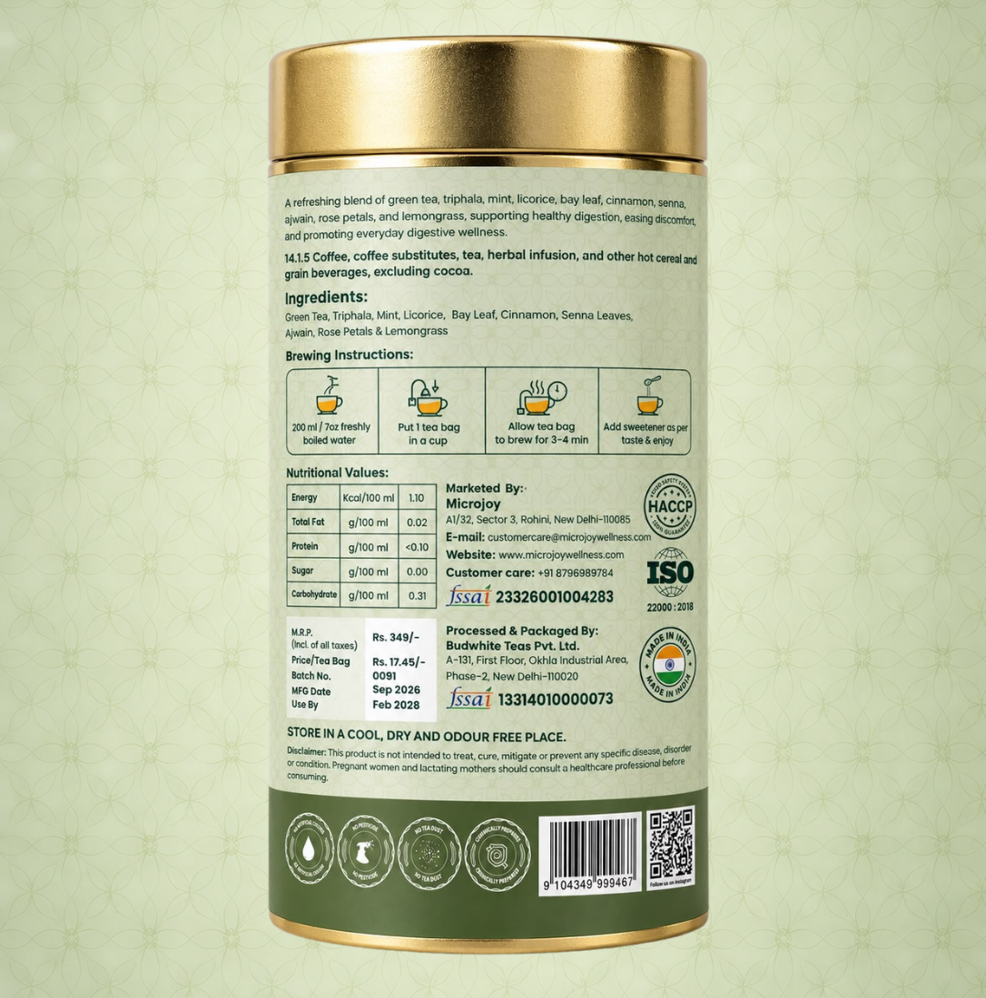 Microjoy Soothe & Digest Herbal Green Tea – Digestive Wellness Tea with Mint, Amla & Cinnamon | 20 Pyramid Tea Bags | 40g - Image 2