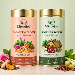 Microjoy Herbal Green Tea Combo – Balance & Bloom + Soothe & Digest | 40g Each | 20 Pyramid Tea Bags