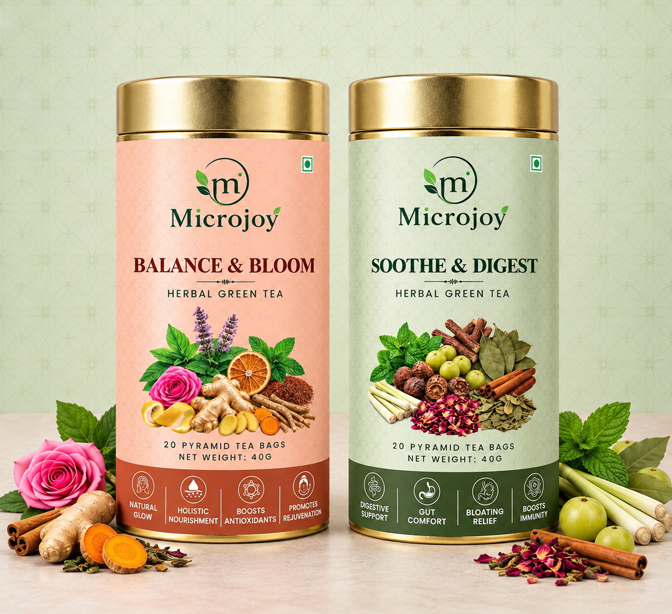 Microjoy Herbal Green Tea Combo – Balance & Bloom + Soothe & Digest | 40g Each | 20 Pyramid Tea Bags