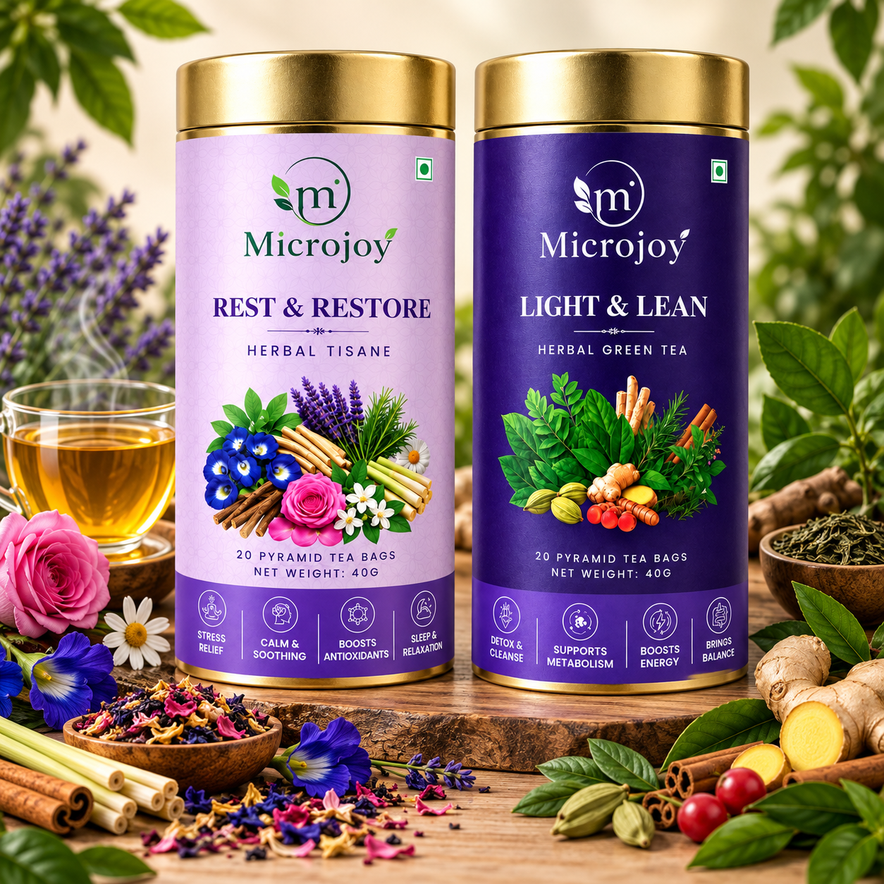 Microjoy Herbal Tea Combo – Rest & Restore + Light & Lean Herbal Green Tea | 40g Each
