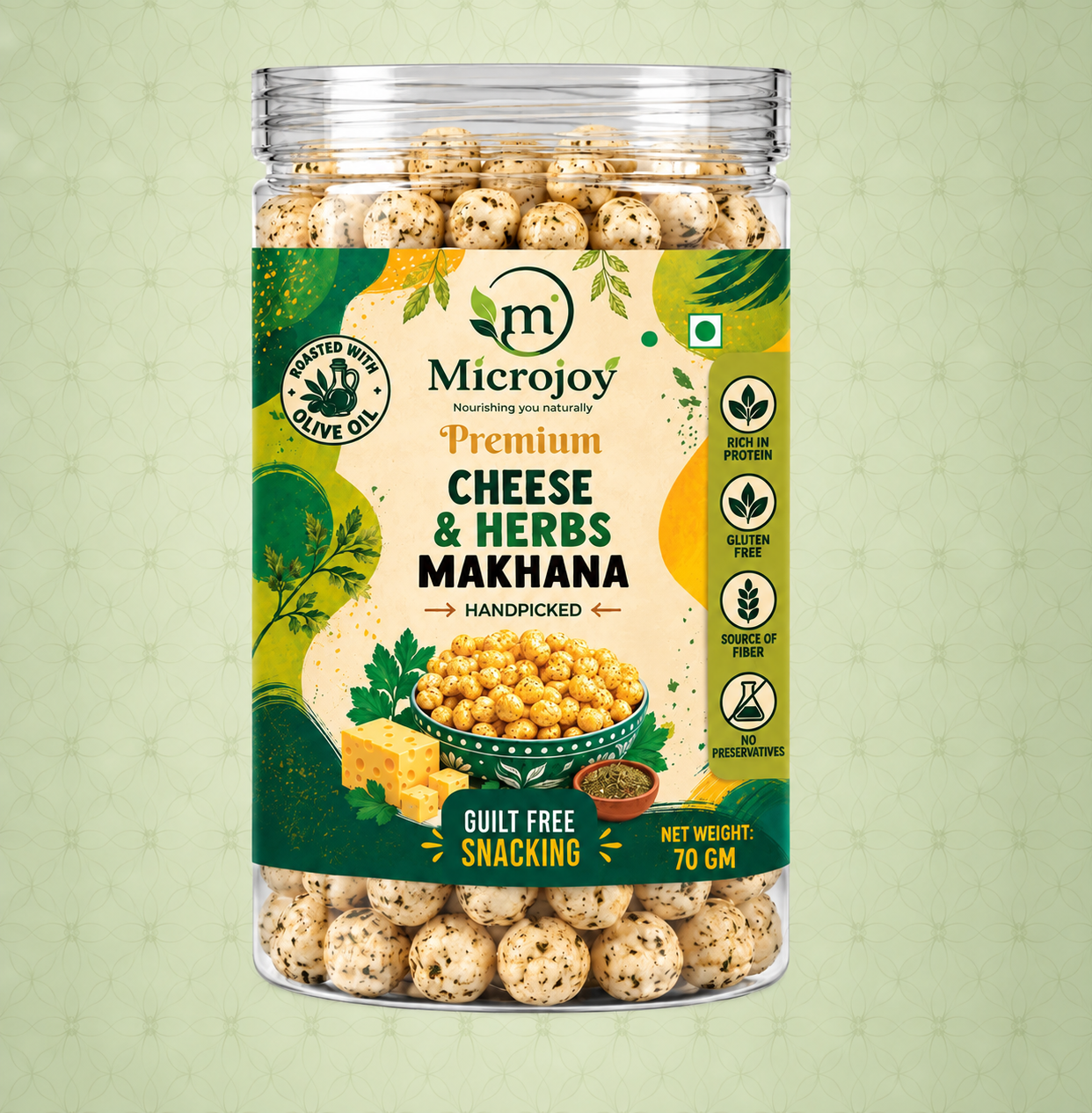 Microjoy Cheese & Herbs Makhana 70g – Roasted Not Fried Foxnuts | Light & Crunchy Cheesy Herb Flavoured Snack