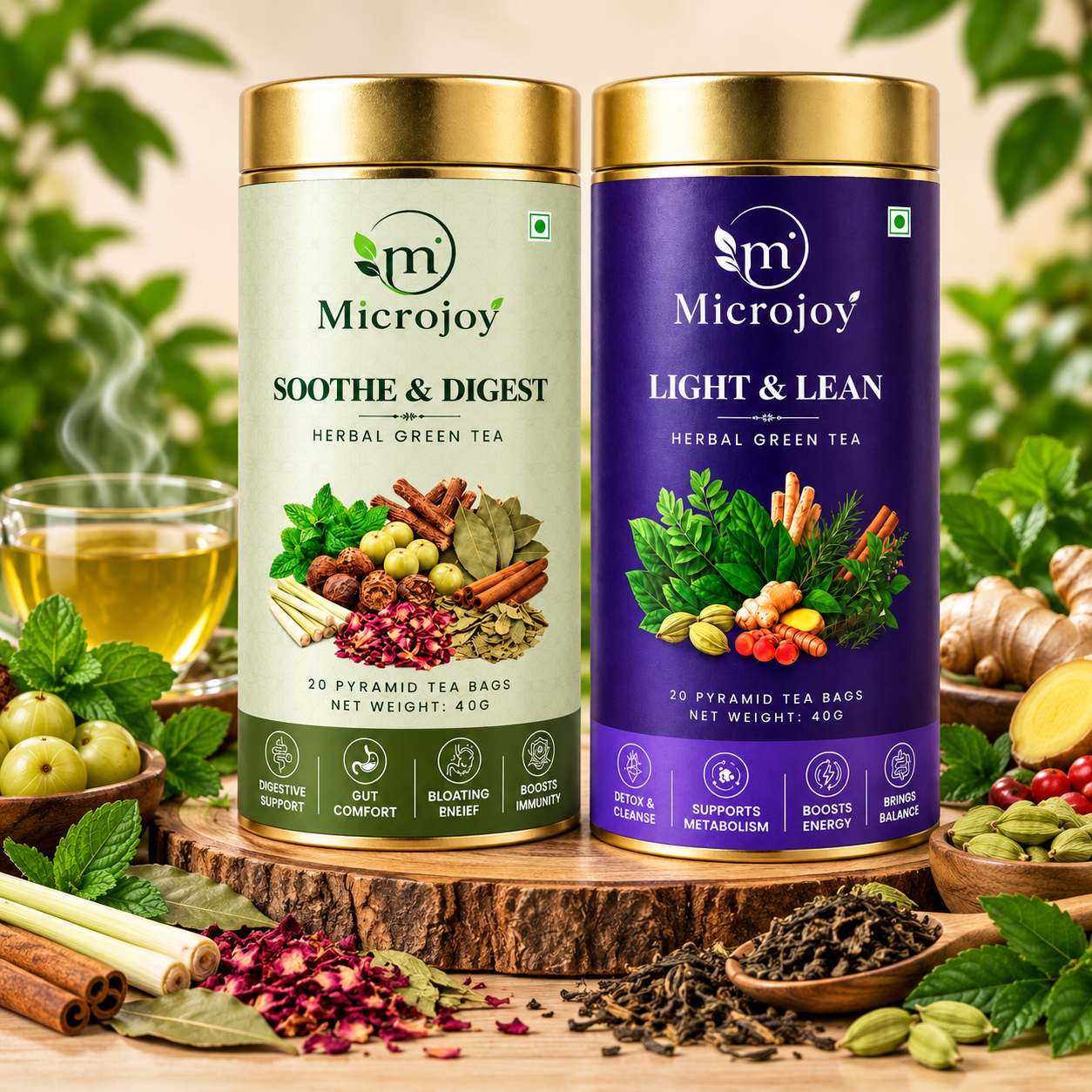 Microjoy Herbal Green Tea Combo – Soothe & Digest + Light & Lean | 40g Each