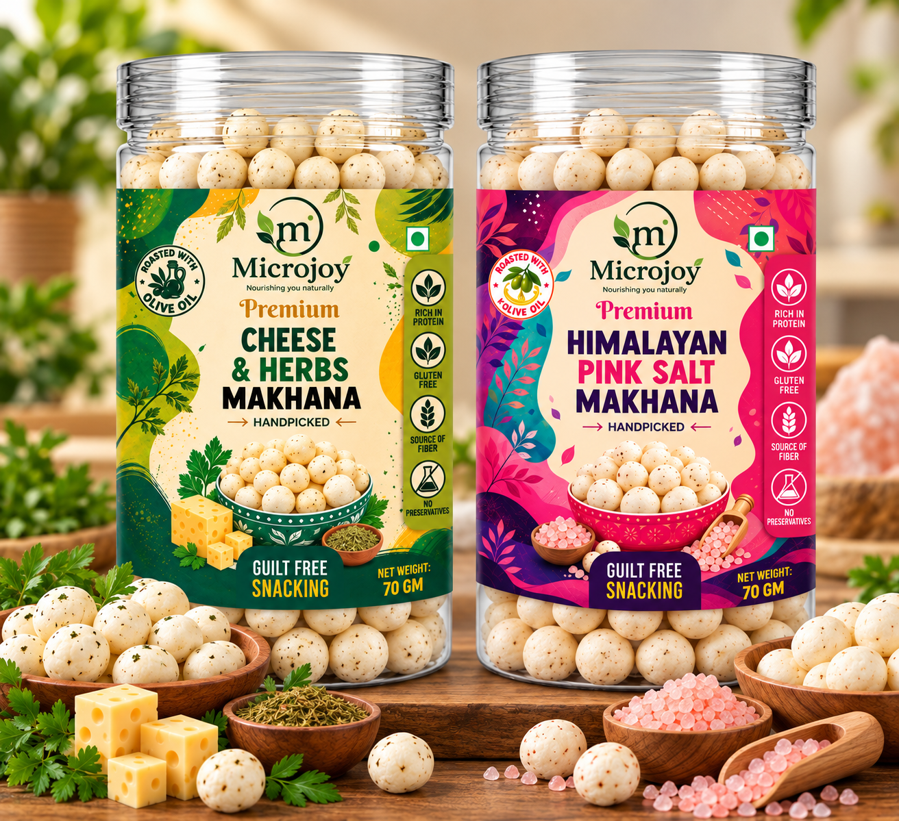 Microjoy Premium Makhana Combo – Cheese & Herbs + Himalayan Pink Salt Roasted Makhana | 70g Each