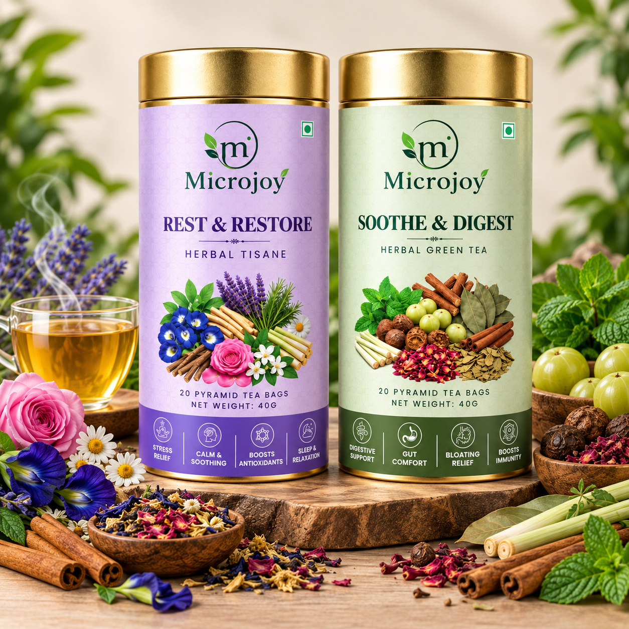Microjoy Herbal Tea Combo – Rest & Restore + Soothe & Digest | 40g Each