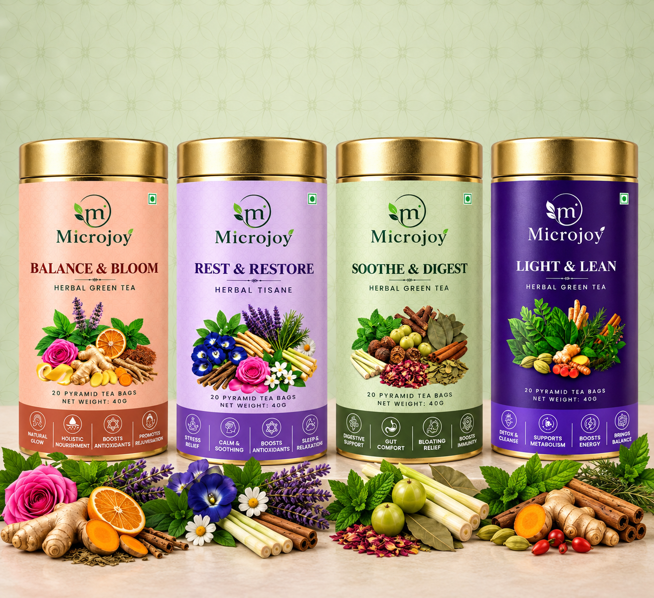 Microjoy Herbal Wellness Tea Combo – Balance & Bloom, Rest & Restore, Soothe & Digest & Light & Lean | 4 Tea Collection