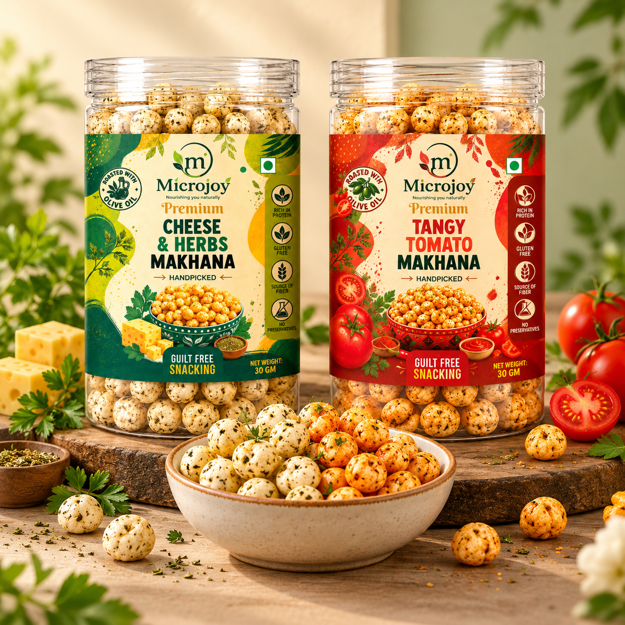 Microjoy Premium Makhana Combo – Cheese & Herbs and Tangy Tomato | Flavoured Fox Nuts